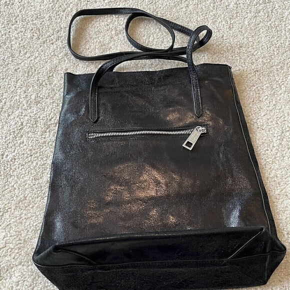 Tiffany and Fred Black Metallic Handbag Tote Bag Classic Modern Travel Shimmer - Picture 4 of 8